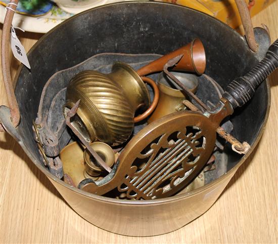 A Victorian brass pan and sundry brass and copper